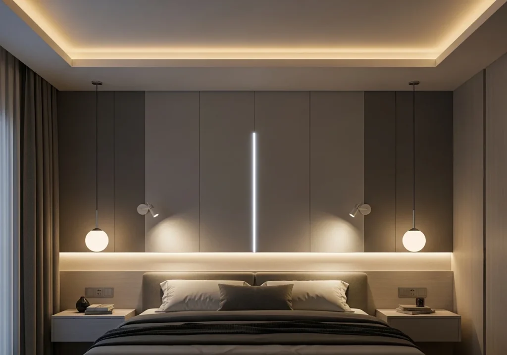 Luxury modern bedroom lighting with recessed ceiling lights and elegant bedside lamps