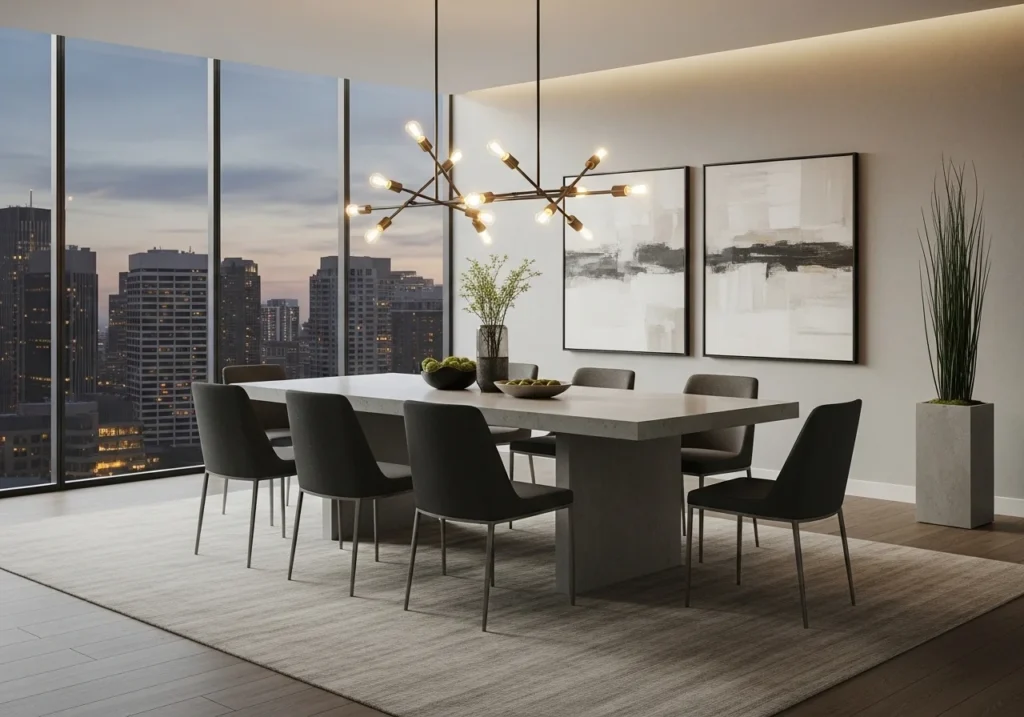 Modern Dining Room Decor Ideas featuring elegant table setup, stylish lighting, wooden dining furniture, and cozy contemporary interior design