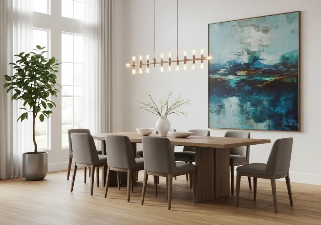 Modern Dining Room Decor Ideas featuring elegant table setup, stylish lighting, wooden dining furniture, and cozy contemporary interior design