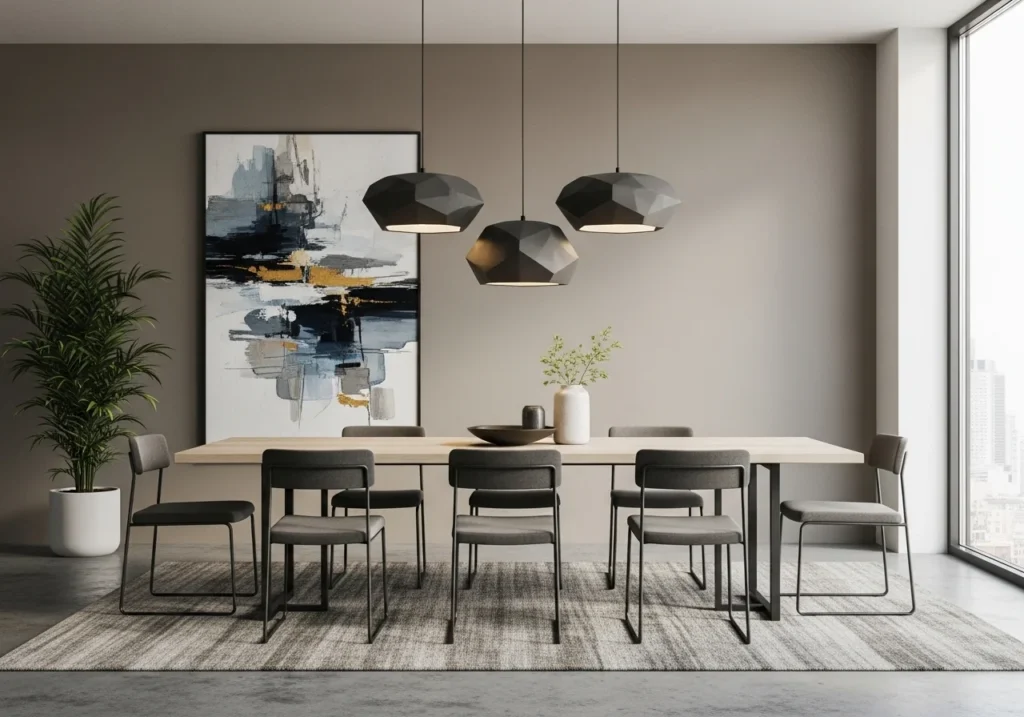 Modern Dining Room Decor Ideas featuring elegant table setup, stylish lighting, wooden dining furniture, and cozy contemporary interior design