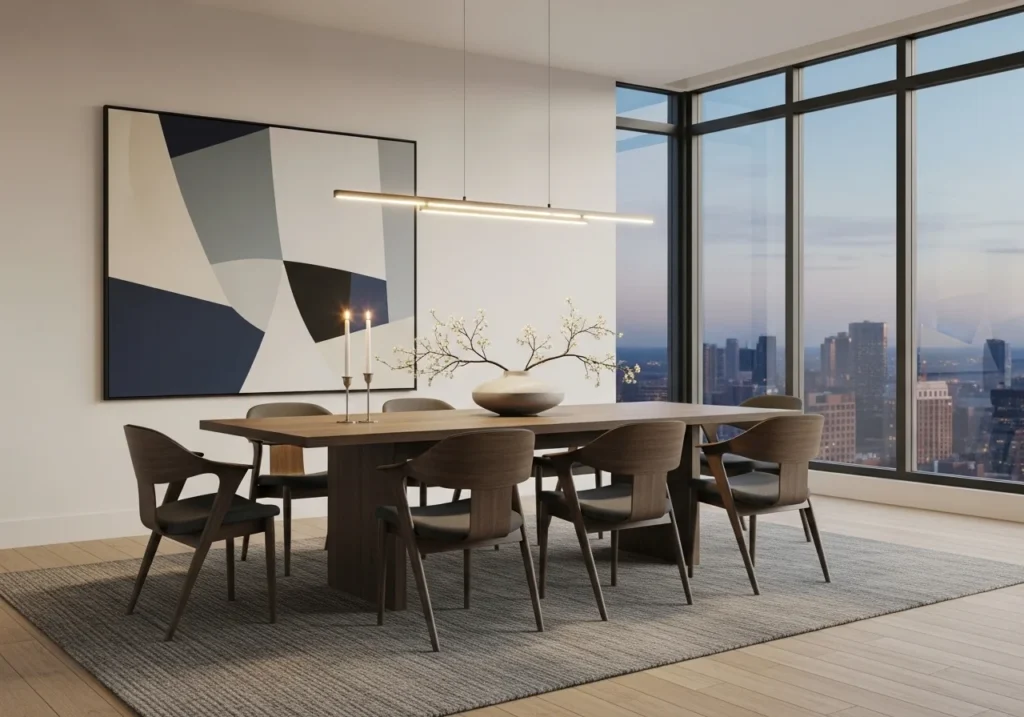 Modern Dining Room Decor Ideas featuring elegant table setup, stylish lighting, wooden dining furniture, and cozy contemporary interior design