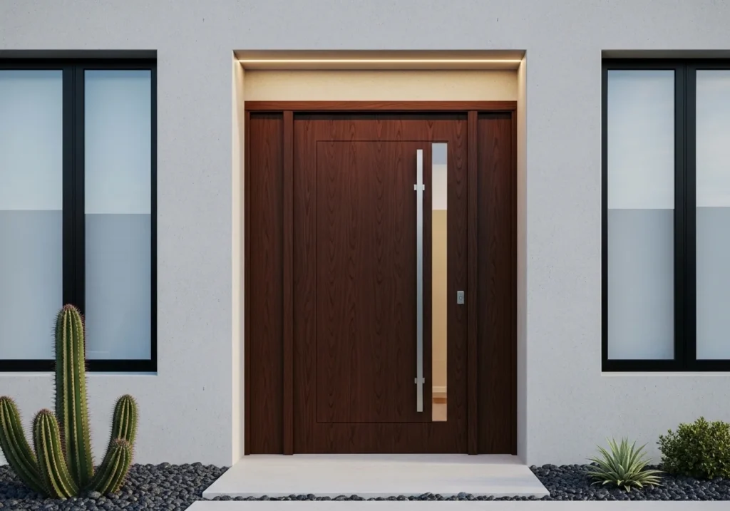 Wooden front door design ideas with warm tones and minimalist style