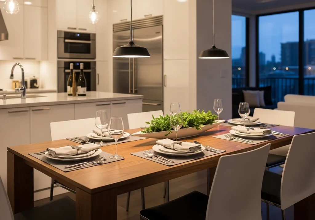 Modern kitchen dining table ideas with stylish space-saving design for small and large homes featuring elegant chairs and cozy decor.