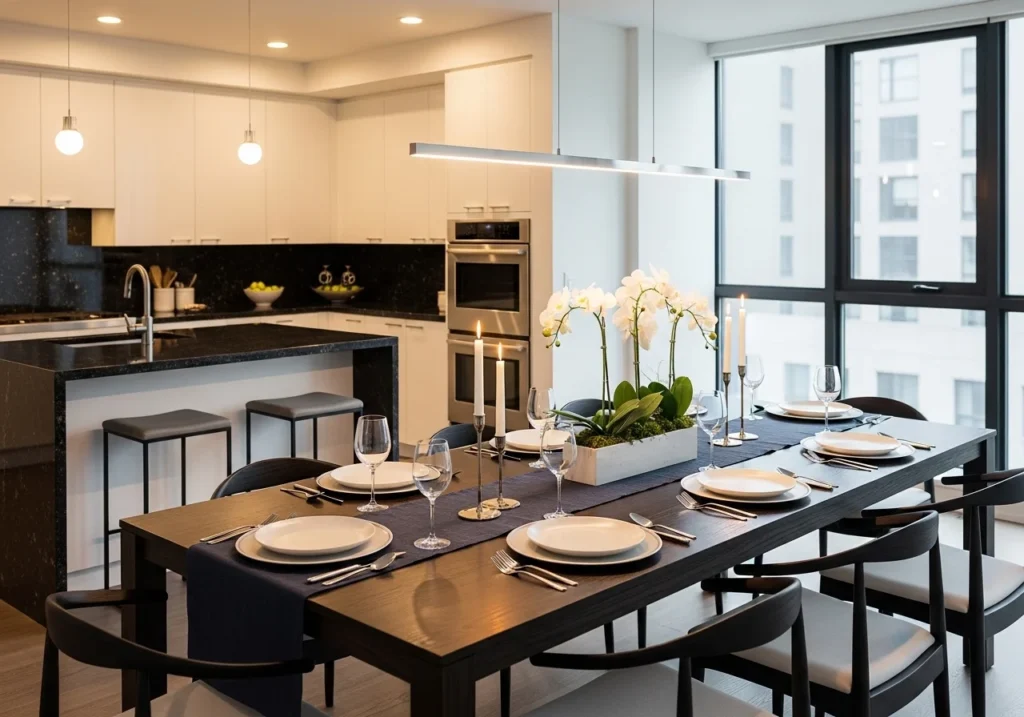 Modern kitchen dining table ideas with stylish space-saving design for small and large homes featuring elegant chairs and cozy decor.