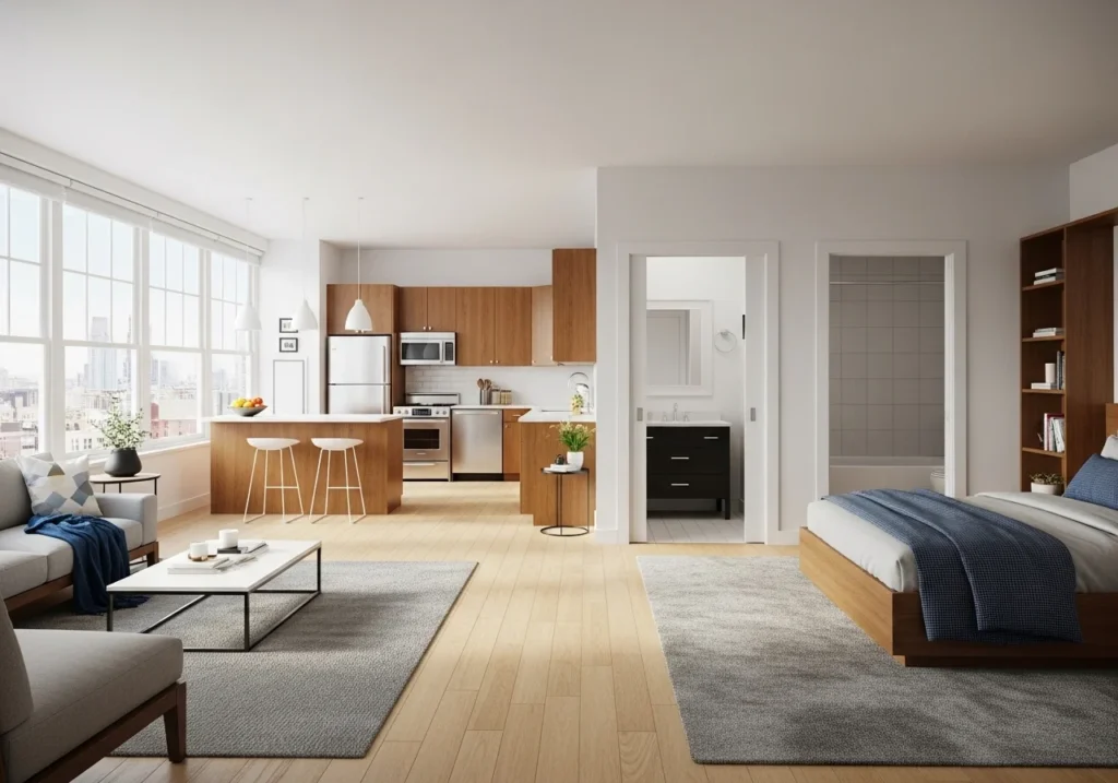 Studio Apartment Decor Ideas with modern small space styling, smart storage solutions, minimalist furniture, and cozy apartment layout design