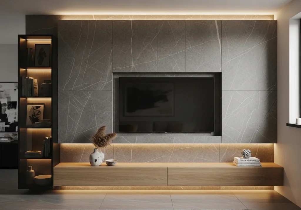 Modern TV Wall Design Ideas for stylish living room with sleek panels, floating shelves, and elegant decor setup