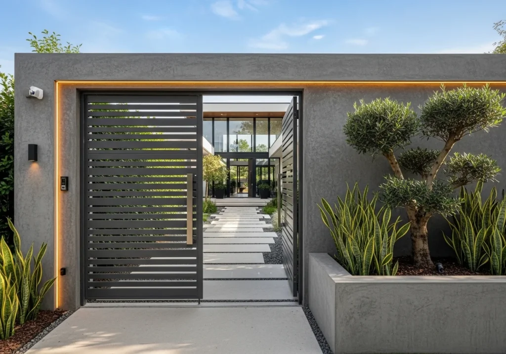 Minimalist modern gate design with clean white home exterior
