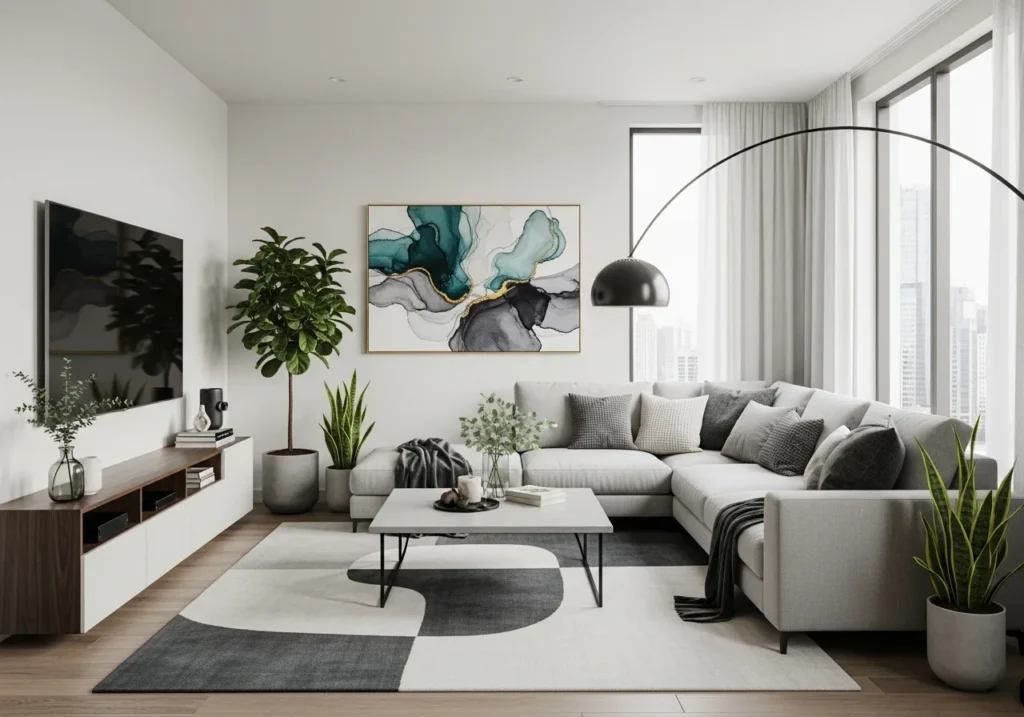 Modern trendy living room with stylish wall shelves, cozy sofa, soft lighting, neutral tones, and elegant decor creating a beautiful and aesthetic space without text overlay