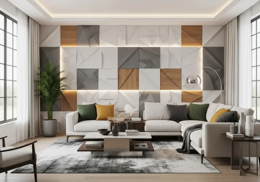 Modern trendy living room with stylish wall shelves, cozy sofa, soft lighting, neutral tones, and elegant decor creating a beautiful and aesthetic space without text overlay