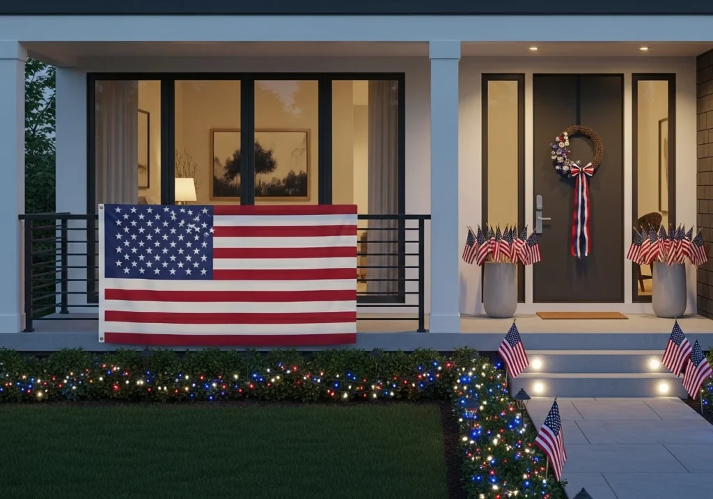 Patriotic Memorial Day decorations featuring red white and blue themed outdoor table setup, flags, candles, and festive summer celebration decor