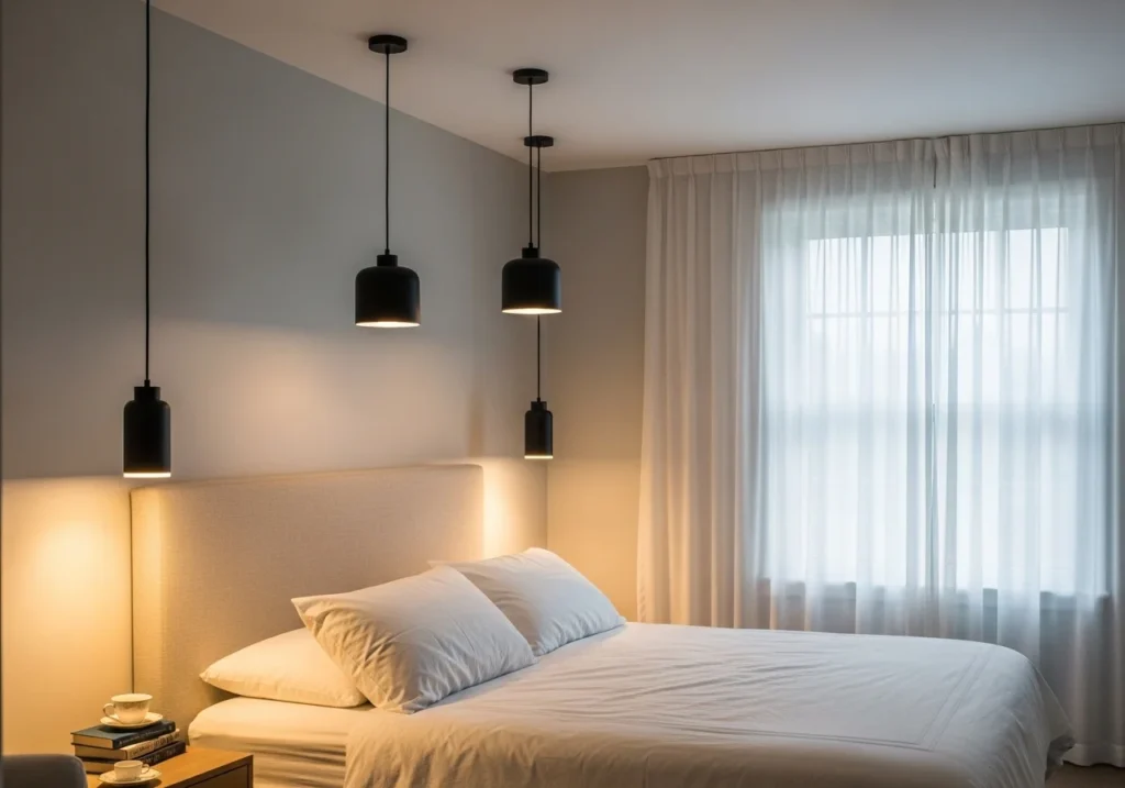 Cozy modern bedroom featuring soft ambient lighting, fairy lights, and aesthetic decor