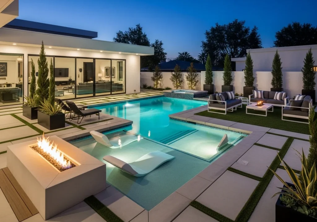Backyard pool design ideas with modern swimming pool, stylish outdoor seating, landscaping, lighting, and relaxing luxury backyard setup