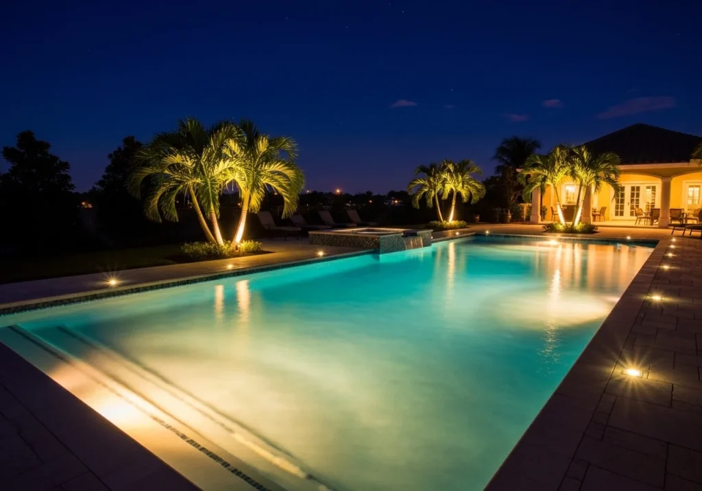 Backyard pool design ideas with modern swimming pool, stylish outdoor seating, landscaping, lighting, and relaxing luxury backyard setup