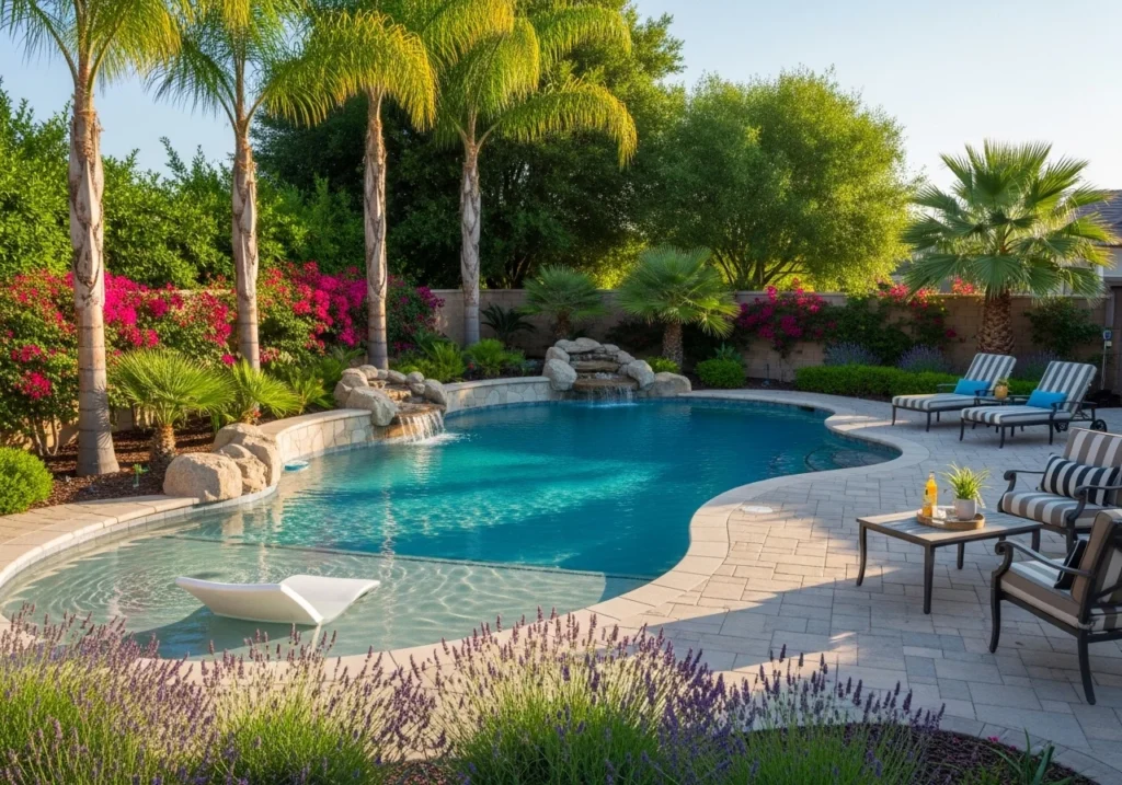 Backyard pool design ideas with modern swimming pool, stylish outdoor seating, landscaping, lighting, and relaxing luxury backyard setup