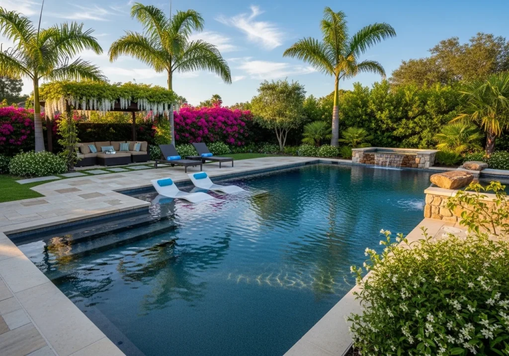 Backyard pool design ideas with modern swimming pool, stylish outdoor seating, landscaping, lighting, and relaxing luxury backyard setup