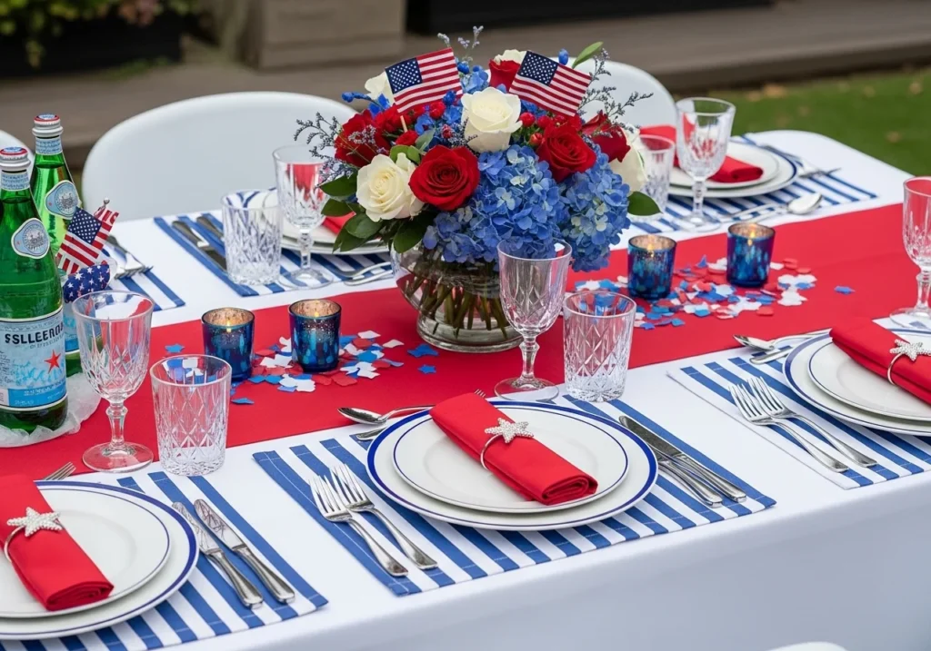 Patriotic Memorial Day decorations featuring red white and blue themed outdoor table setup, flags, candles, and festive summer celebration decor