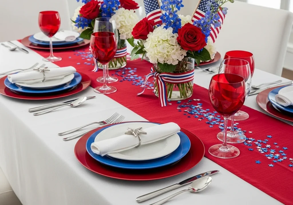 Patriotic Memorial Day decorations featuring red white and blue themed outdoor table setup, flags, candles, and festive summer celebration decor