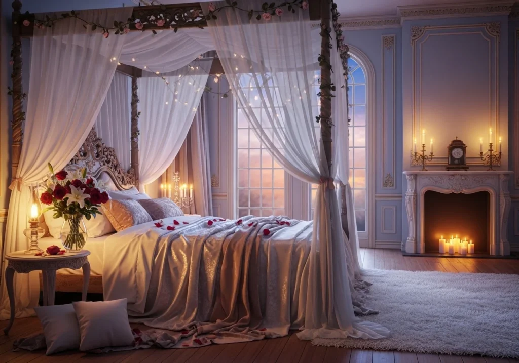 Romantic fairy tale bedroom with glowing enchanted rose decor
