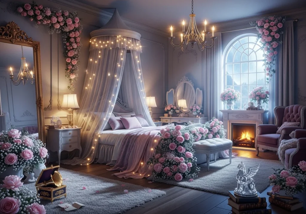Romantic fairy tale bedroom with glowing enchanted rose decor