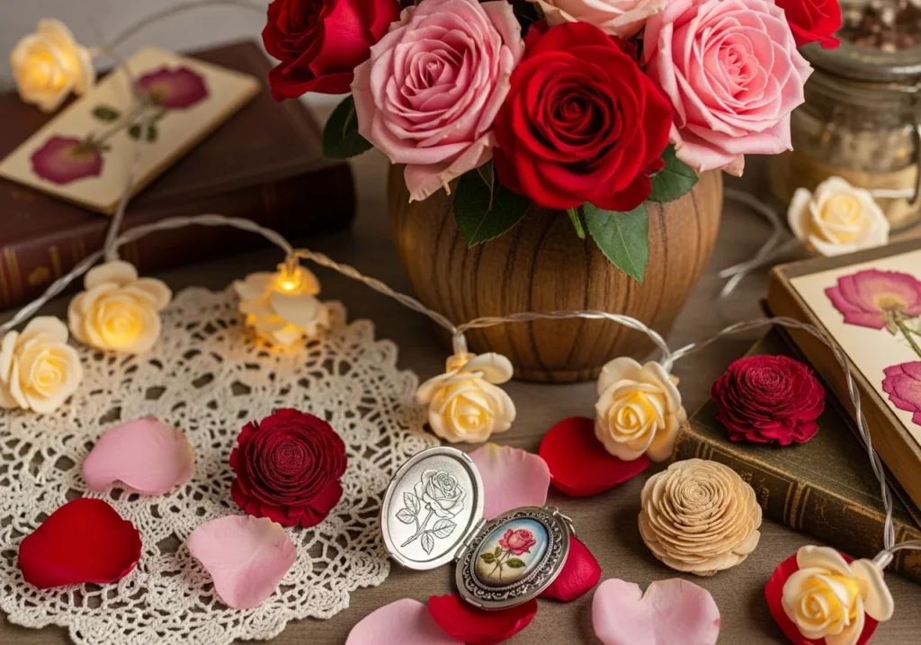 Romantic fairy tale bedroom with glowing enchanted rose decor