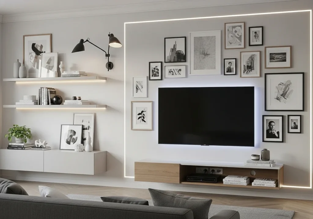 Modern TV Wall Design Ideas for stylish living room with sleek panels, floating shelves, and elegant decor setup