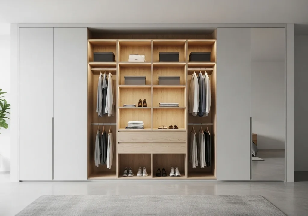 Stylish bedroom closet ideas with smart storage solutions, modern shelves, sliding doors, and functional wardrobe design
