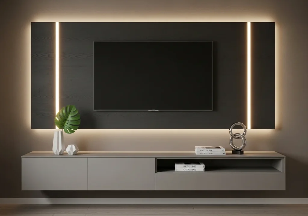 Modern TV Wall Design Ideas for stylish living room with sleek panels, floating shelves, and elegant decor setup