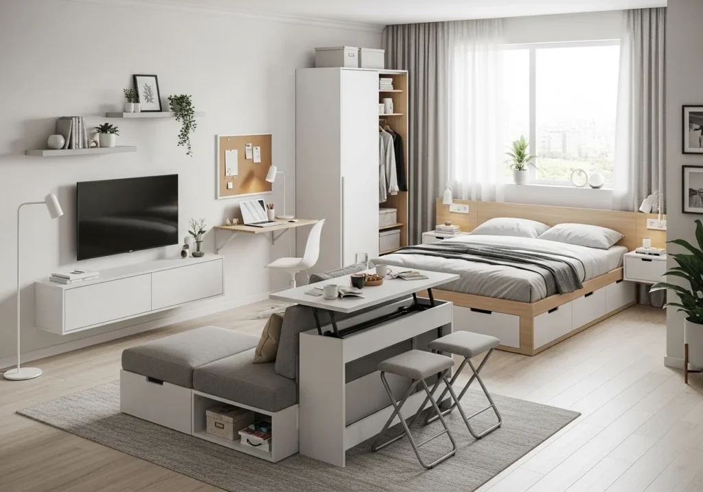 Studio Apartment Decor Ideas with modern small space styling, smart storage solutions, minimalist furniture, and cozy apartment layout design