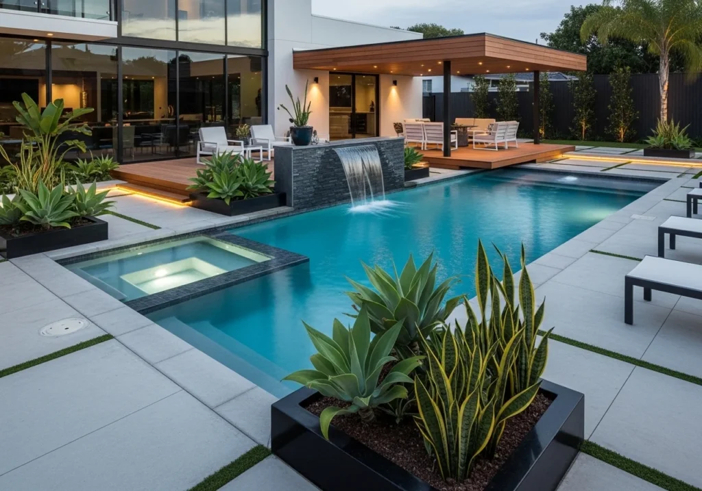 Backyard pool design ideas with modern swimming pool, stylish outdoor seating, landscaping, lighting, and relaxing luxury backyard setup