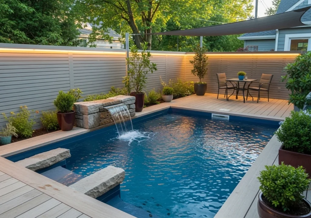 Backyard pool design ideas with modern swimming pool, stylish outdoor seating, landscaping, lighting, and relaxing luxury backyard setup