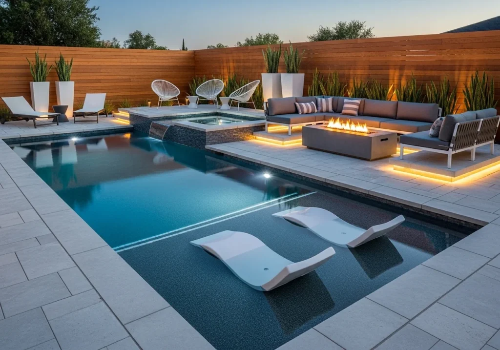 Backyard pool design ideas with modern swimming pool, stylish outdoor seating, landscaping, lighting, and relaxing luxury backyard setup