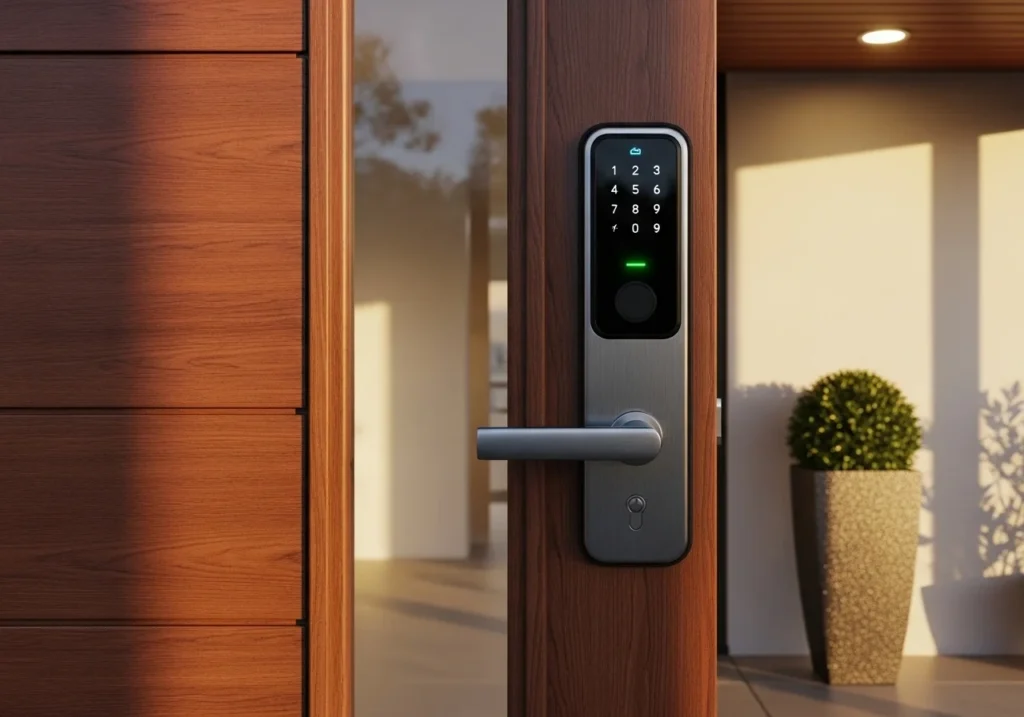 Wooden front door design ideas with warm tones and minimalist style