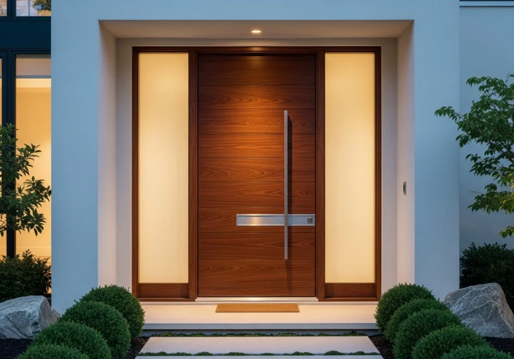 Wooden front door design ideas with warm tones and minimalist style
