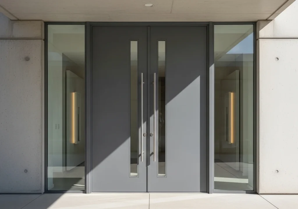 Wooden front door design ideas with warm tones and minimalist style