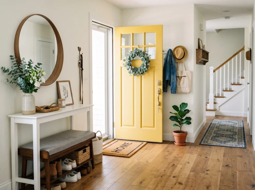 entryway decor ideas with stylish console table, mirror, plants, and warm lighting creating a welcoming home entrance