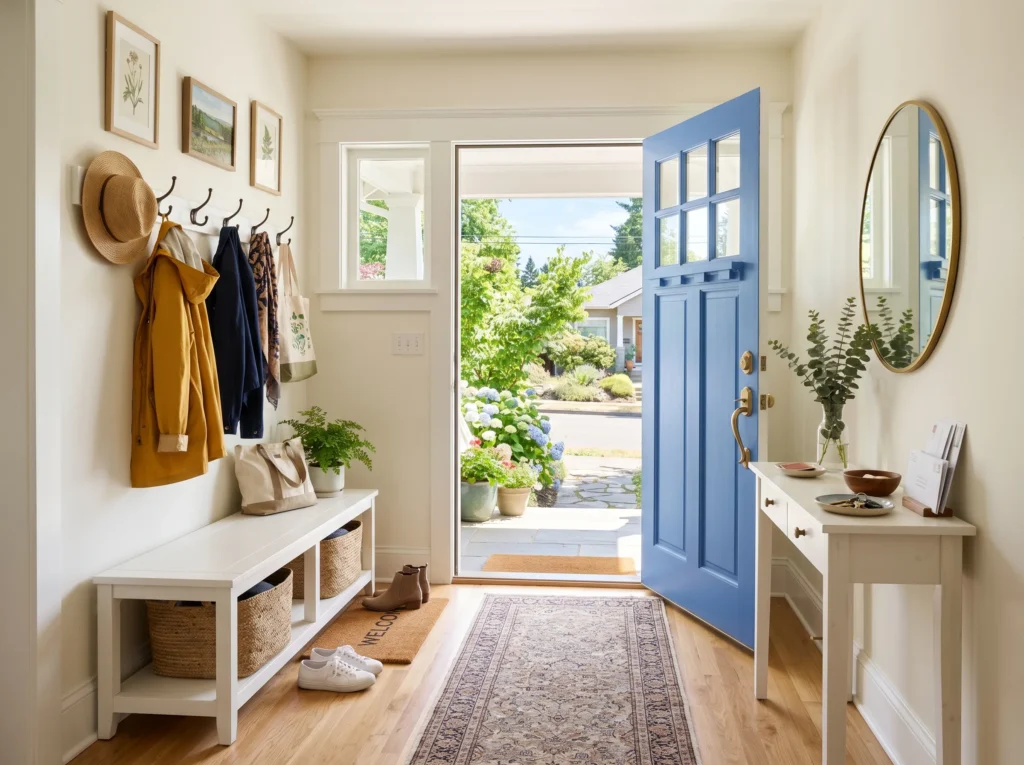 entryway decor ideas with stylish console table, mirror, plants, and warm lighting creating a welcoming home entrance