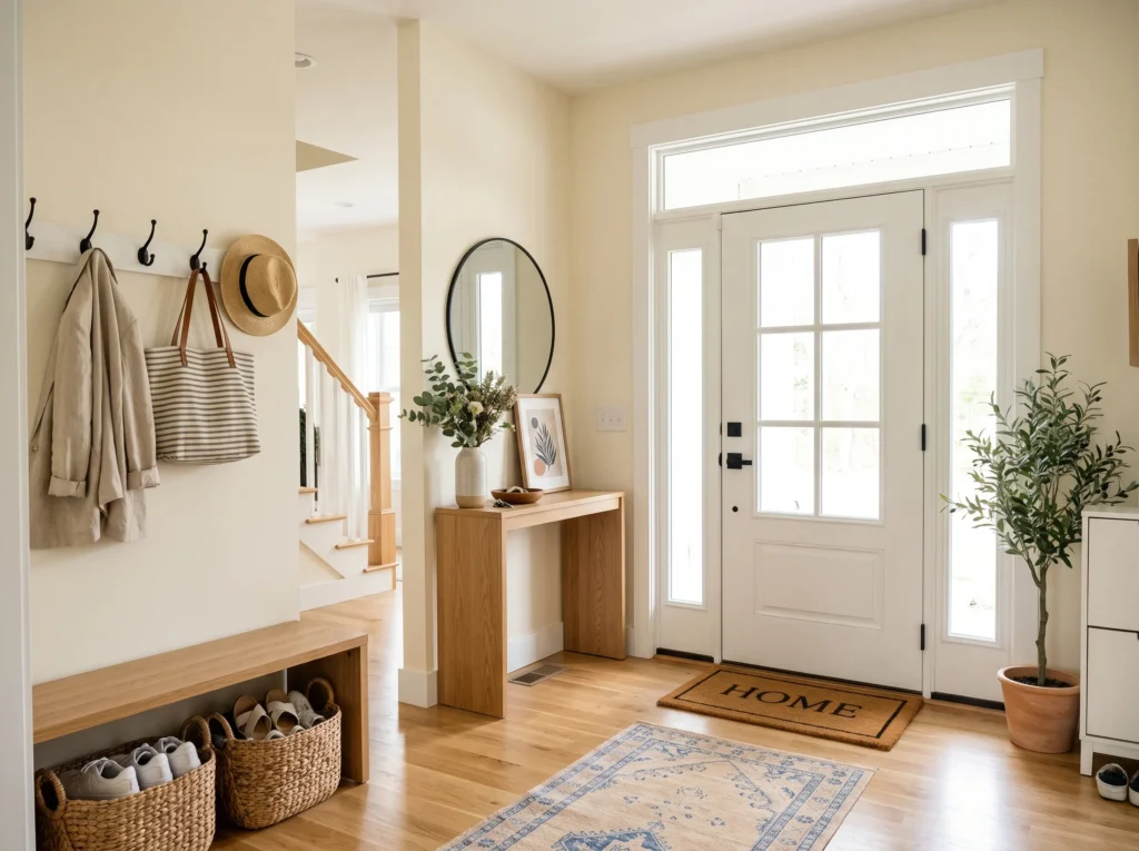 entryway decor ideas with stylish console table, mirror, plants, and warm lighting creating a welcoming home entrance