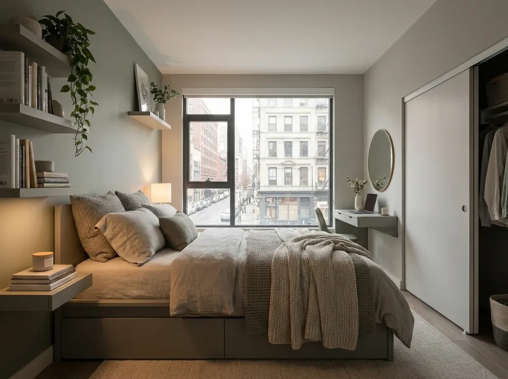 Modern apartment bedroom with high-mounted linen curtains near the ceiling, creating a taller window illusion and soft natural light interior