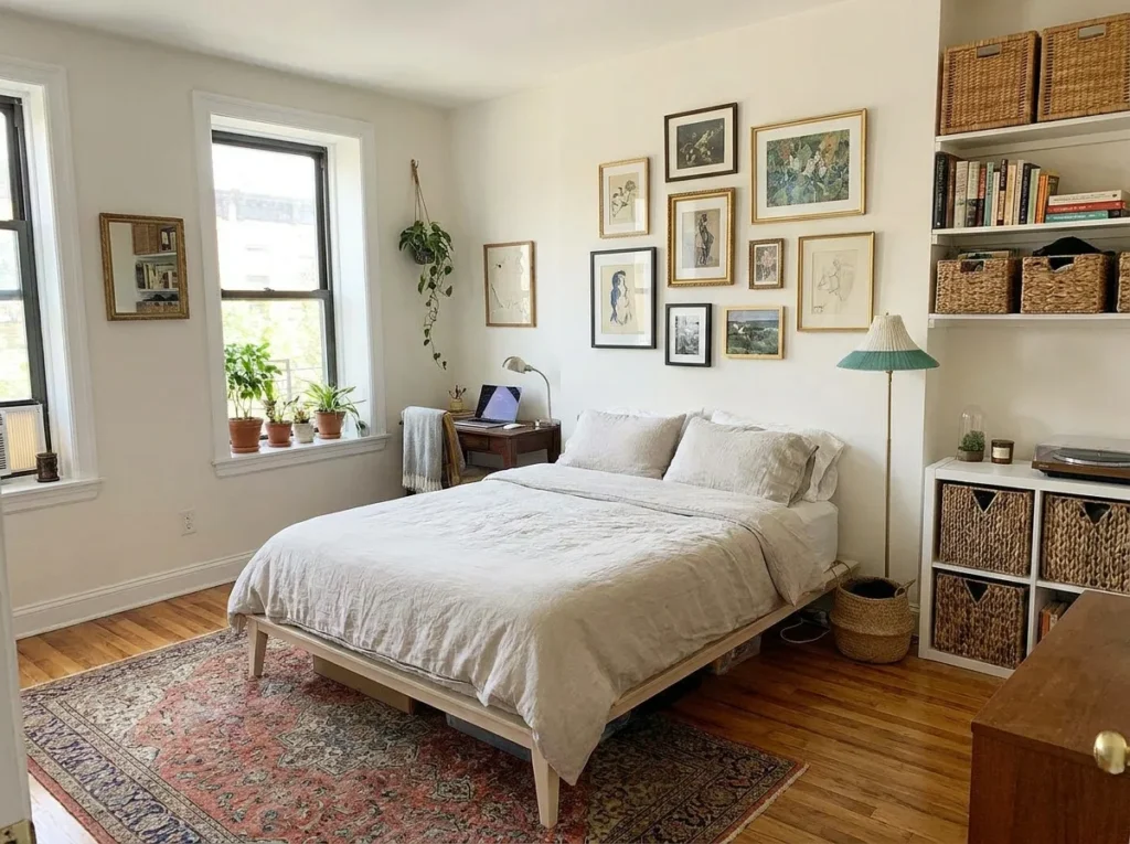 Minimalist bedroom with a large area rug properly placed under a queen bed, extending beyond the sides for a balanced cozy look