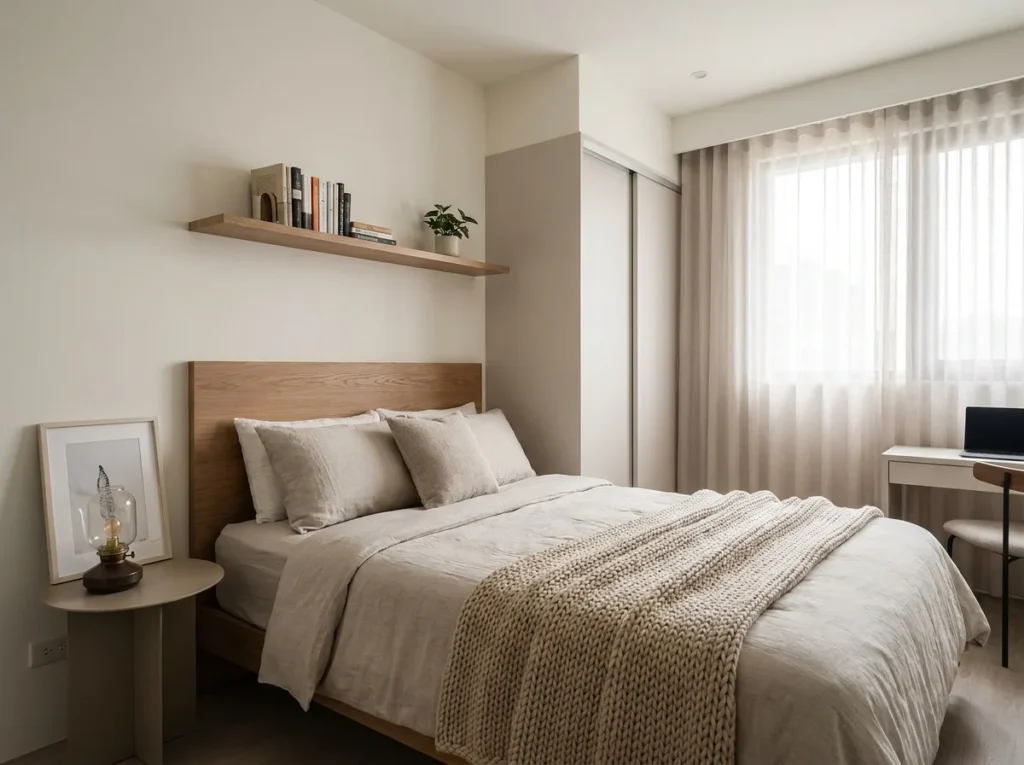 Cozy apartment bedroom featuring a storage bench at the foot of the bed used for organizing blankets, pillows, and seasonal items