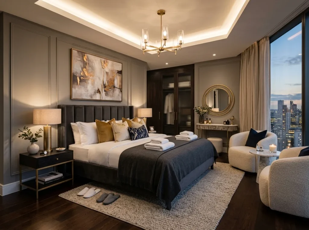 cozy romantic couple bedroom with warm lighting soft bedding and modern decor inspiration