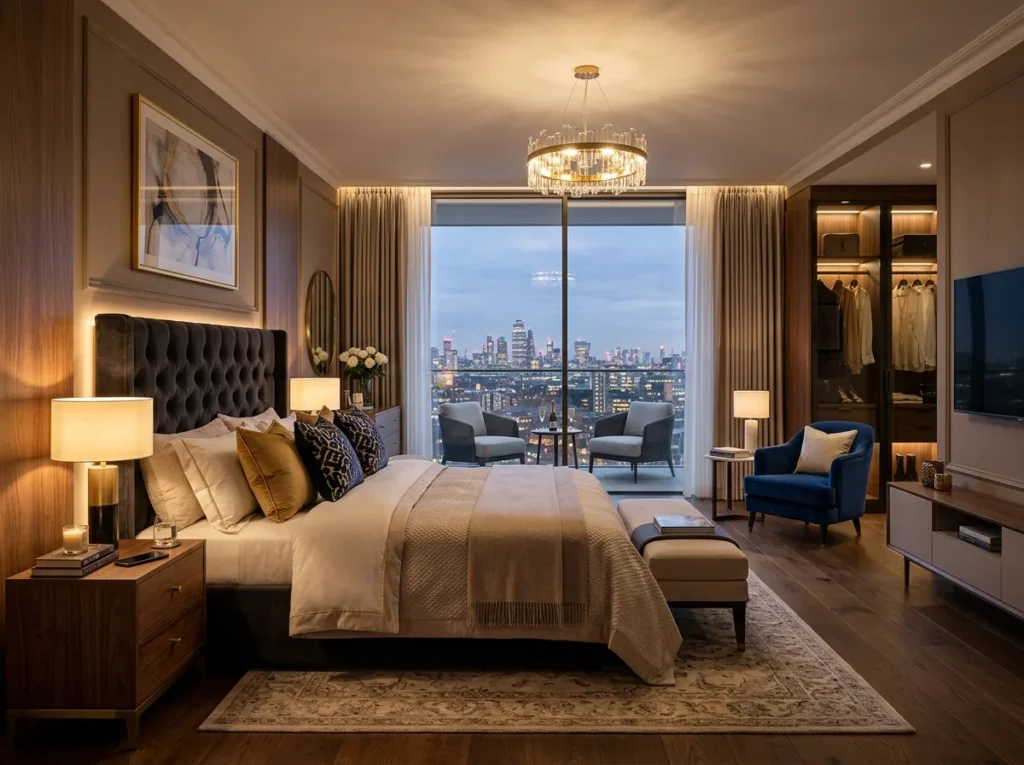 cozy romantic couple bedroom with warm lighting soft bedding and modern decor inspiration