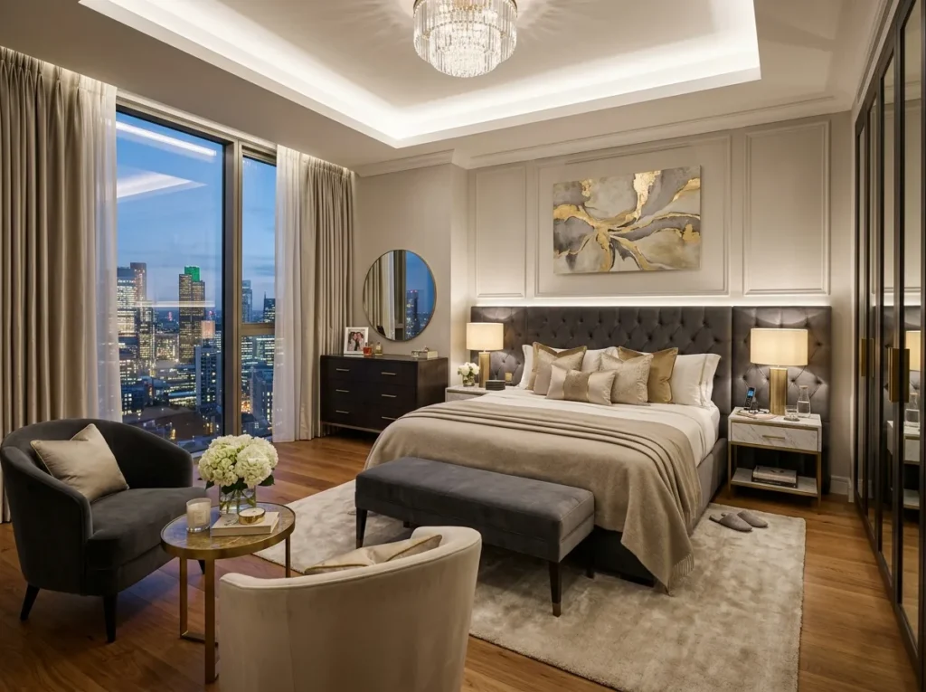 cozy romantic couple bedroom with warm lighting soft bedding and modern decor inspiration