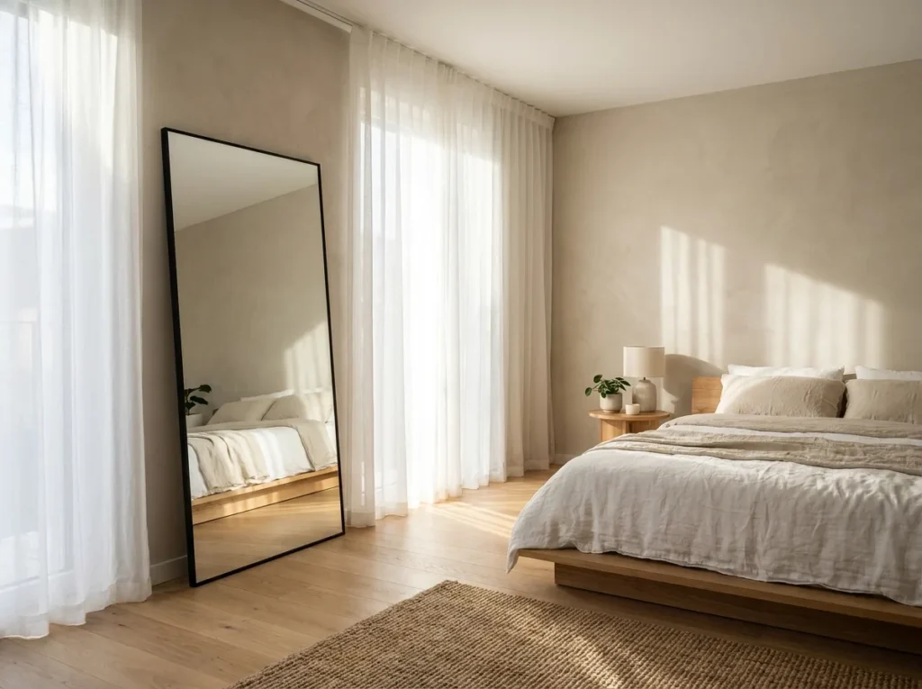 Clean minimalist bedside setup in apartment bedroom with hidden cable management and organized cords creating a clutter-free look