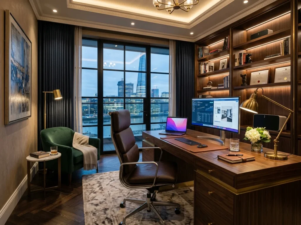 small home office ideas with modern desk setup, space-saving storage, and stylish workspace design