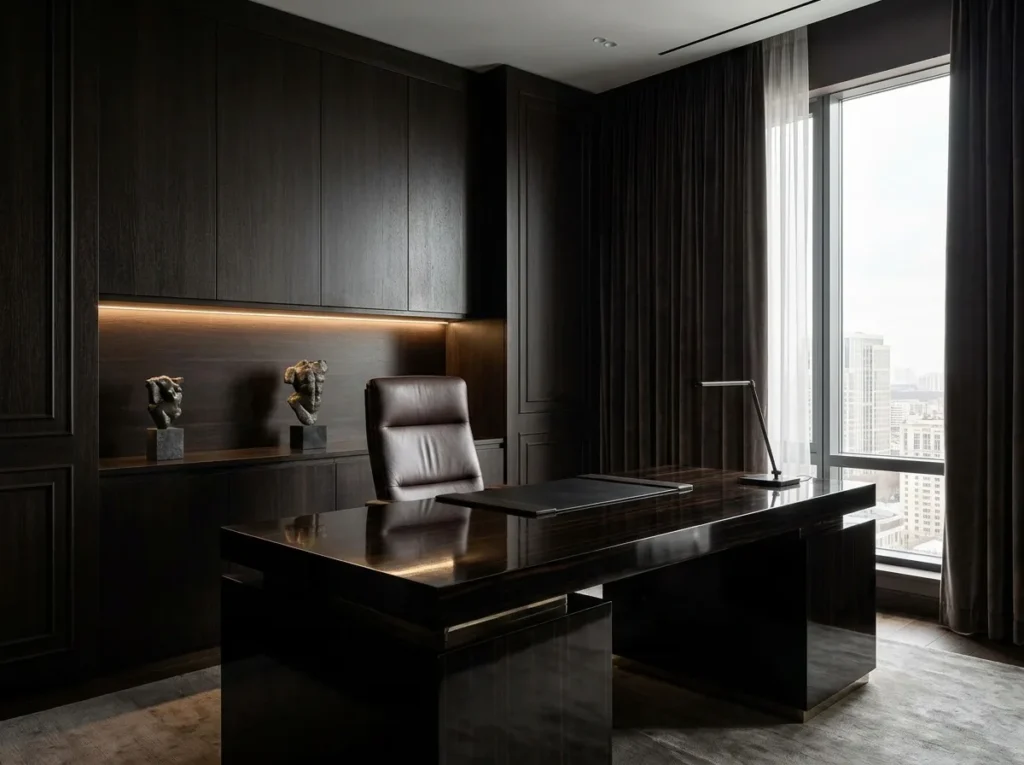 small home office ideas with modern desk setup, space-saving storage, and stylish workspace design