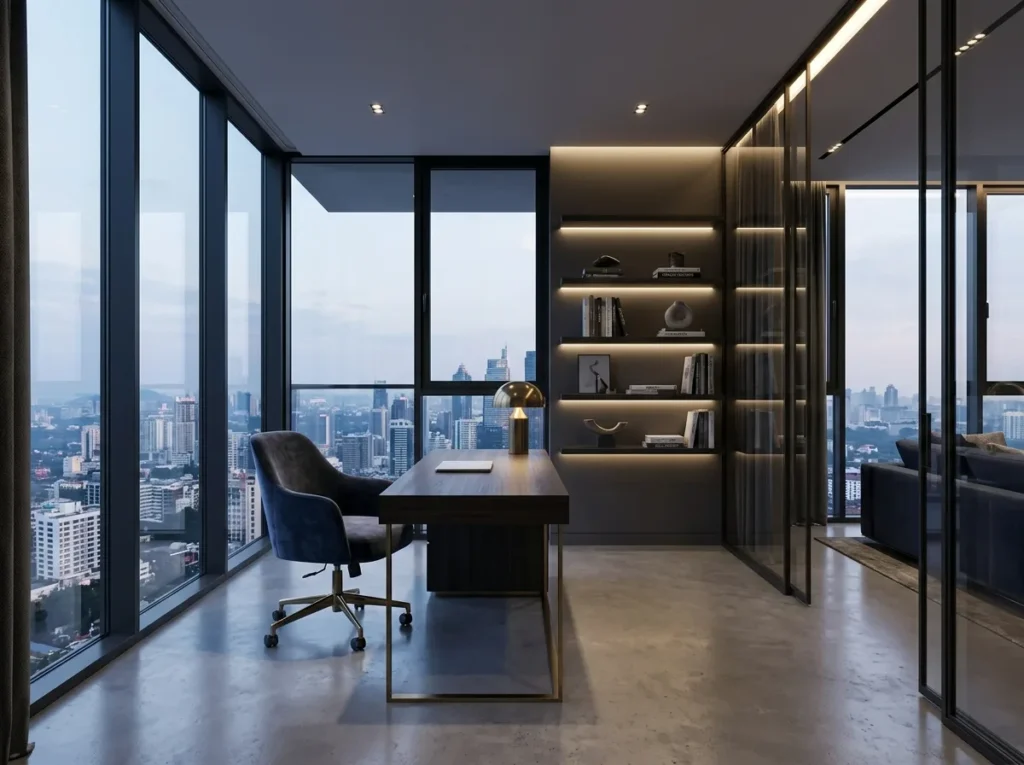 small home office ideas with modern desk setup, space-saving storage, and stylish workspace design
