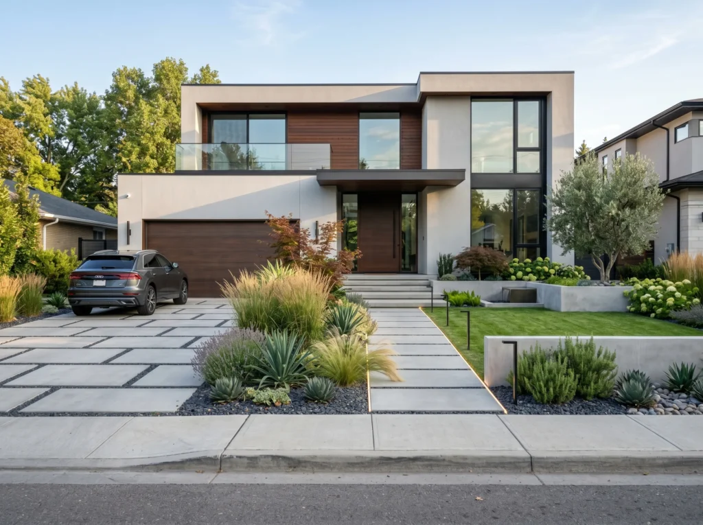 front yard landscaping ideas with modern plants, pathway lighting, and stylish curb appeal design
