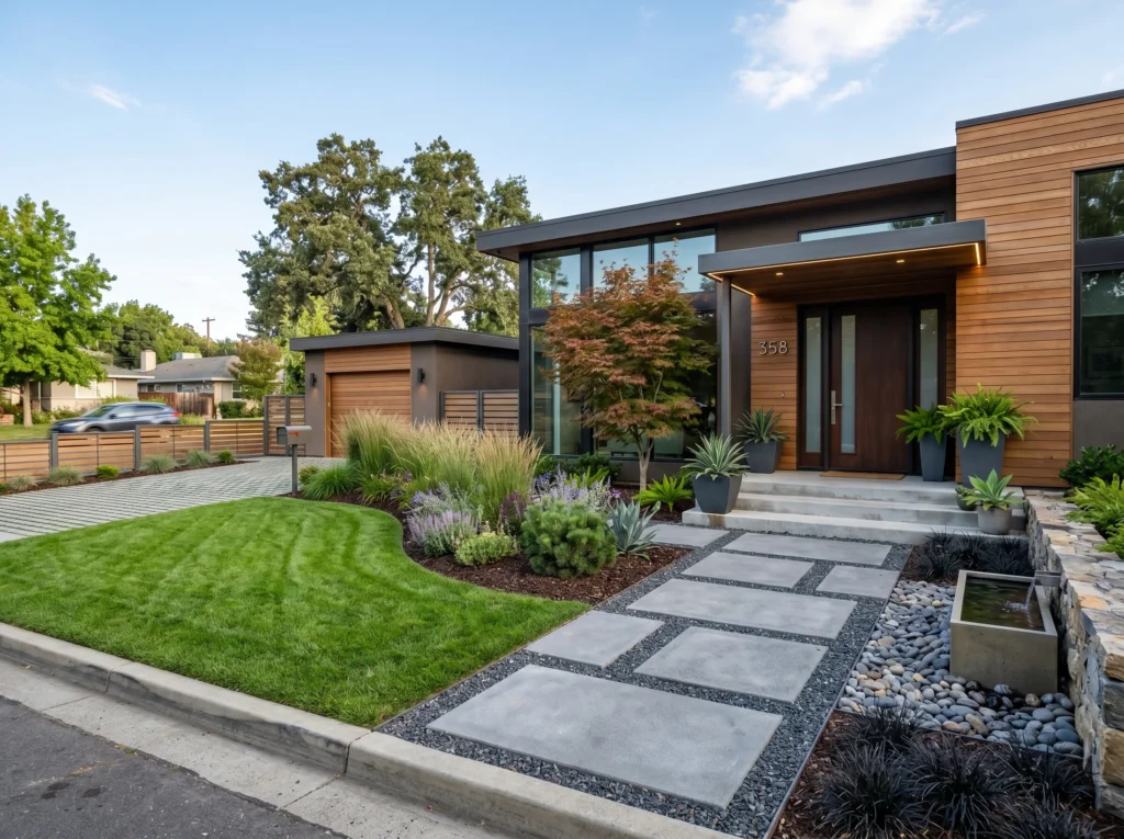 front yard landscaping ideas with modern plants, pathway lighting, and stylish curb appeal design
