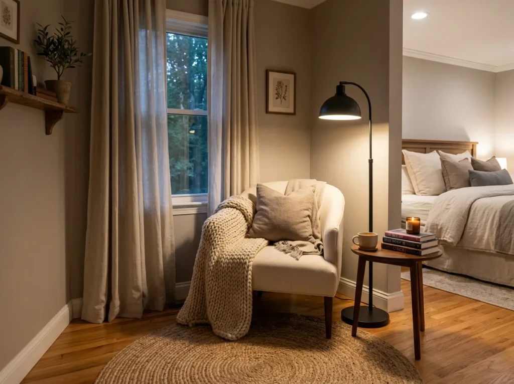 Warm bedroom corner reading nook with upholstered accent chair, soft knit throw blanket, floor lamp, and layered cozy textures.